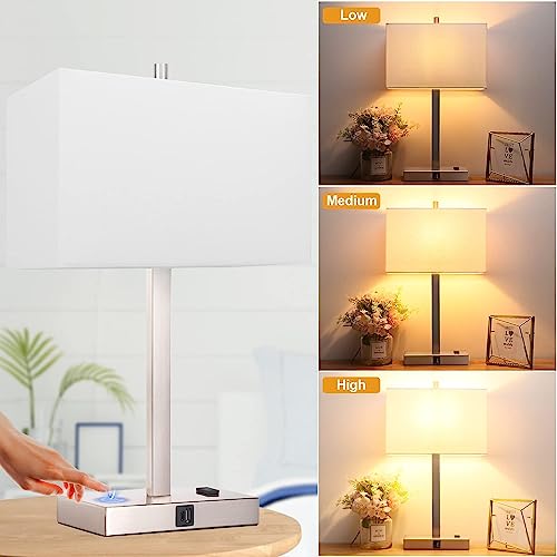 21" Touch Bedside lamps with 2 USB & AC Outlets, 3-Way Dimmable Bedside Table Lamps Set of 2 for Bedroom Living Room Office Reading, White Shade Lamps for Night Stands, 3000K LED Bulbs Included - color: White Cream Linen & Brushed Nickel