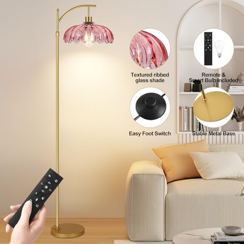 QIYIZM Pink Floor Lamp for Living Room,Bedroom,Gold Dimmable Standing Lamp with Remote,Mid Century Modern Brass Tall Lamp Boho Floor Lamps Arc Stained Glass Flower Floor Light Lamp Girls kids Bohemian - size: Floor Lamp--4