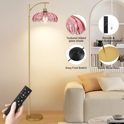 QIYIZM Pink Floor Lamp for Living Room,Bedroom,Gold Dimmable Standing Lamp with Remote,Mid Century Modern Brass Tall Lamp Boho Floor Lamps Arc Stained Glass Flower Floor Light Lamp Girls kids Bohemian - size: Floor Lamp--4