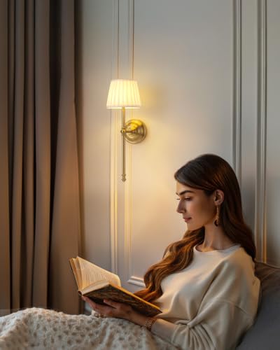 KDG Gold Cordless Wall Sconces Set of 2, Beige Fabric LED Wall Lamps - color: Gold + Beige Lampshde (2 Pack)