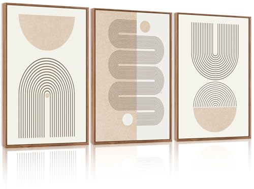 CHDITB Framed Boho Wall Art Set of 3, 24"x36" Beige Mid Century Modern Wall Decor, Abstract Geometric Line Wall Painting, Large Neutral Bohemian Canvas Art Print for Living Room, Bedroom, Office - color: Beige Geometric Line, size: 24"L x 36"W