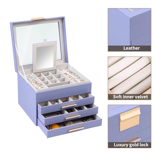 BOOVO Clear Lid Jewelry Box,3 Layers Jewelry Organizer Large Jewelry Storage Box with 2 Drawers,Jewelry Holder Organzier of Rings Earrings Necklace Bracelets for Women (Purple, 4 Layer) - color: Purple, size: 4 Layer