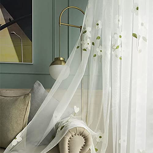 SLOW SOUL Set of 2 Panels White Magnolia Flower Embroidered Sheer Curtains for Bedroom Living Dining Room Window Treatments Drapes Villa Lace Curtain Voile Rod Pocket White 52W X 63 inch Length - size: 52"W x 63"L (Pack of 2)