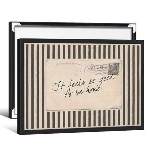 Vintage Postcard Wall Art - It Feels So Good to Be Home Striped Typography Cozy Sentimental Canvas Decor Neutral Rustic Retro Home Quote Poster Brown Ready to hang 11x14in Wrapped Black Framed - color: Postcard Wall Art, size: 14"L x 11"W, style: Black Fr