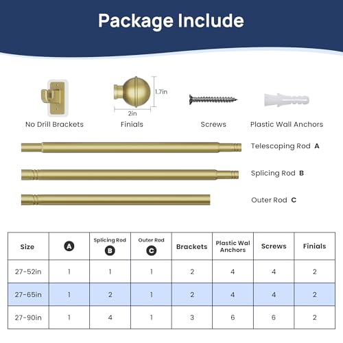 ENJOYBASICS Curtain Rods No Drilling for Renter, 28-60" Adjustable, Gold - color: Gold, size: 27-65"