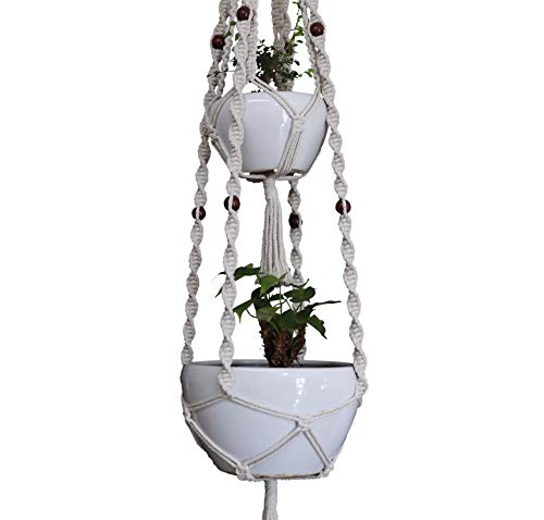 Macrame Plant Hanger & Holder, Hanging Planter 4 Legs Double Deck for 8 inch to 12 inch Two Pots Indoor Outdoor Hanging Planter Basket Hemp Rope 68 Inch Without Pot and Plant (Ivory White)