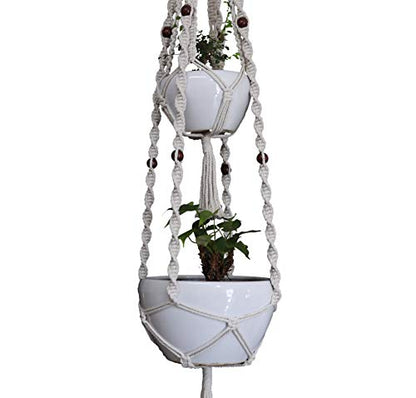 Macrame Plant Hanger & Holder, Hanging Planter 4 Legs Double Deck for 8 inch to 12 inch Two Pots Indoor Outdoor Hanging Planter Basket Hemp Rope 68 Inch Without Pot and Plant (Ivory White)