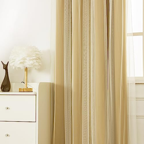 INLINAS Blackout Curtains with Sheer Overlay, Gold, 52x96 Inches - color: Gold, size: 52"W x 96"L (Pack of 2)