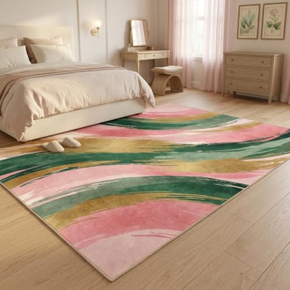 6x9 Pink and Green Area Rug, Modern Abstract Brushstroke Design - color: Pink/Green/Gold, size: 6' x 9' (Rectangular)