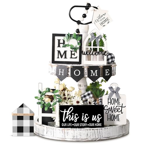 FairySandy 11 Pcs Home Tiered Tray Decor This is us Rustic Wooden Signs - style: Plaid