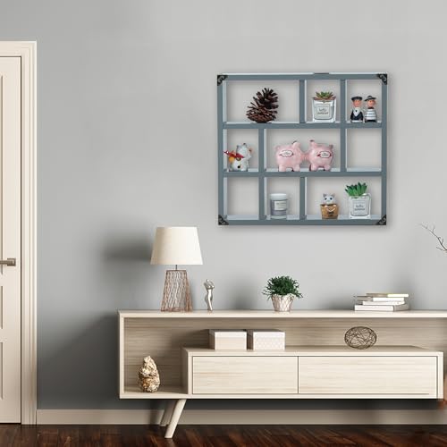 17.7x15.7-Inch Shadow Box Shelf 9-Slot Rustic Floating Shelves Larger Wall Mounted Shelf Lightweight Solid Wood Display Shelf Freestanding Farmhouse Shelf (9C-Dark Gray) - color: 9c-dark Gray, size: 1 PCS