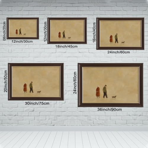 Canvas Wall Art Elderly Couple Walking Dog Minimalist Neutral Home Decor - color: Mokume Gane Frame, size: 12"L x 8"W