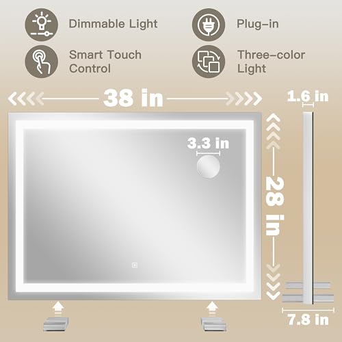 ROLOVE 38"x28" Inch Large Lighted Vanity Mirror, 3-Color Lighting & Dimmable Modes, LED Makeup Mirror for Bathroom/Dressing Room (Wall/Tabletop Mount, White) - color: White, size: 38"L x 28"W