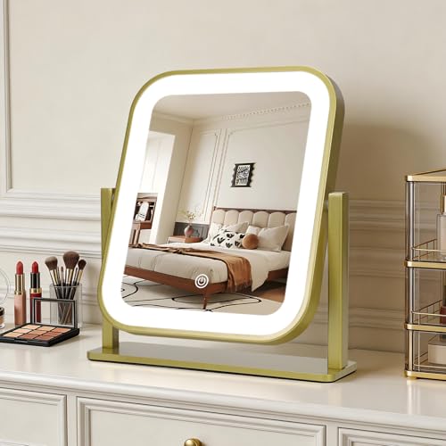 Vanity Mirror with Lights, 1500mAH, 10"×9" Makeup Mirror with Lights, Smart Touch with 3-Color Lighting, 360° Rotation, Portable LED Desk Mirror, Bedroom (Gold) - color: Gold, size: 10"L x 9"W