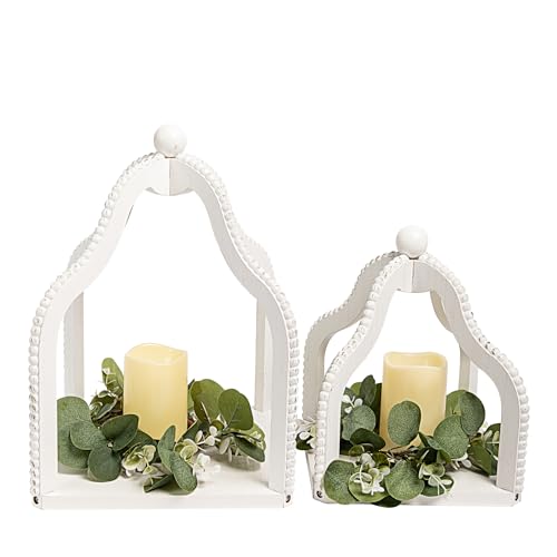 HPC Decor 2 Pack Rustic Farmhouse Lantern Decor,Vintage Wood Beaded Lanterns,White Candle Lanterns Decorative w/LED Lights String and Garland for Home, Indoor,Outdoor, Table, Fireplace, Mantle Decor