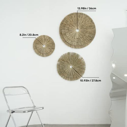 VATIMA Boho Wall Décor – Simple Oversized Wall Basket Décor for Home and Office – Seagrass Wicker Basket Wall Décor Set – 3pcs Flat Baskets – Easy to Hang – Handmade Design – Small/Medium/Large