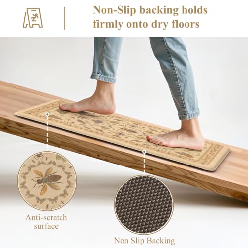 KIMODE Kitchen Mats for Floor 2 Piece Anti Fatigue Cushioned Kitchen Rugs - color: Cream Beige Botanical