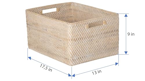 KOUBOO Loma Rectangular Rattan Storage Basket with Handles, White Wash - color: Latte
