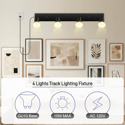 AUQUEE Plug in Track Light, 23", Black, 4 Way GU10 Wall Spotlight | Track Ceiling Lighting Fixtures, Rotatable Track Head, LED Wall Light for Kitchen Cabinet Gallery Bar Hallway Living Room - color: Black-4 lights