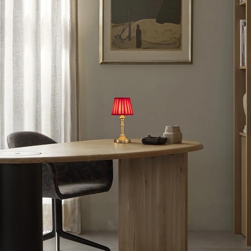 KDG Gold Cordless Table Lamps Set of 2, Red Fabric Shade Small Desk Lamp - color: Gold + Red Lampshde (2 Pack)