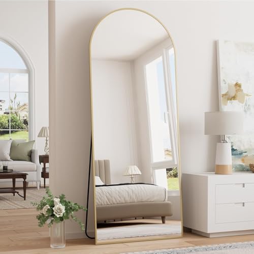Prywot Full Length Mirror, 64"x21" Arched Floor Mirror with Stand, Gold - color: Gold, size: 64"L x 21"W