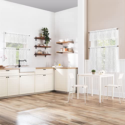 No. 918 Allerton Embroidered Trellis Semi-Sheer Rod Pocket Kitchen Curtain Valance and Tiers Set, White, 52" W x 36" L