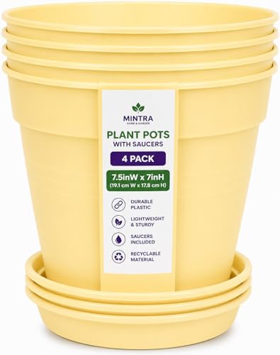 Mintra Garden Pots, 4 Pack Bulk Plastic Plant Pots with Drainage Tray, Round Indoor & Outdoor Decorative Planters with Drain Holes for Flowers, Herbs & Plants, 19cm Diameter – Yellow, 7.5 in - color: Yellow, size: 19cm Diameter (7.5in)