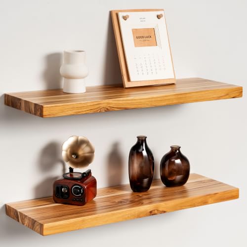 24 Inch Teak Floating Shelves, Set of 2 – Wall Mount Shelves for Bathroom - color: Raw Teak, size: 24"L, 2-Pack
