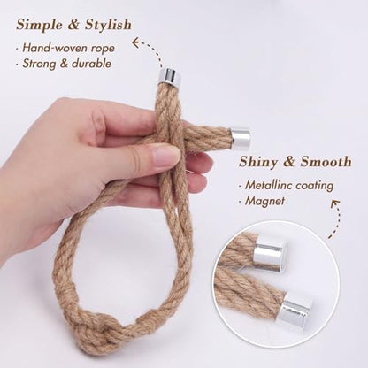 NICEEC 2 Pack Natural Jute Rope Curtain Tiebacks Elegant Boho Style Magnetic Drape Tie Backs Soft Hand-Woven Rope Curtain Holdbacks for Home & Office Drapery (Jute knot-05) - color: Jute Knot-05, size: 2 Pack