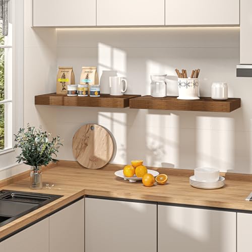 Fun Memories 12" Deep Floating Shelves for Wall, 40" Long Rustic Brown Wood Wall Shelves, Set of 2, 2" Thick Rustic Storage & Display Shelves with Invisible Brackets for Living Room Bedroom Kitchen - color: Brown, size: 40"L x 12"D x 2"H