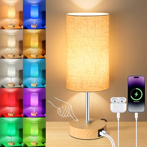 Unicozin Small Table Lamp, 3CCT & 7 RGB Color Changing, Dimmable Nightstand Lamp with Wood Grain Base, Touch Bedsides Lamp for Bedroom, Office, Kids Room, Nursery, Party, Beige Shade - color: Beige, size: 14.5in