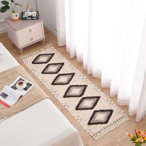 Boho Runner Rug 2'x6', Washable Hallway Rug Runner Non Slip Rubber Backed, Kitchen Farmhouse Area Rug Floor Mat with Tassels, Tufted Woven Cotton Entryway Carpet, Brown - color: Brown, size: 2' x 6' (Runner)