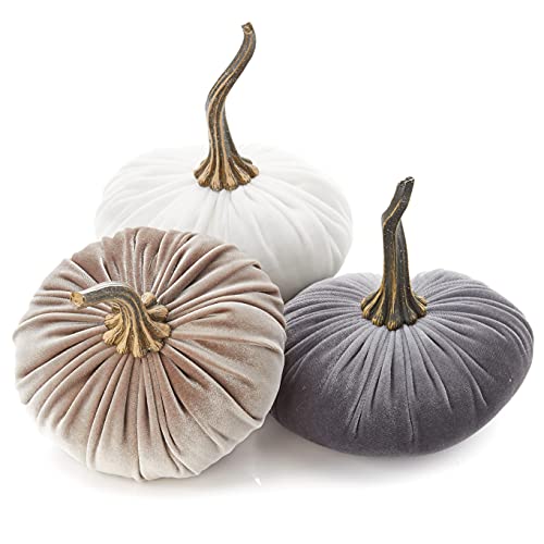 Set of 3 Velvet 6.25 Inch Pumpkins, fall decor, cozy autumn vibe, tiered tray tablescape, elegant accent decor, Thanksgiving centerpiece, neutral mantel decor (Gray, Taupe, Ivory) - color: Gray, Taupe, Ivory