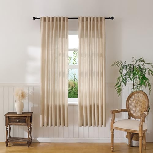 Warm Beige Sheer Linen Curtains for Living Room Bedroom 72 Inches Long - color: Warm Beige, size: 52"W x 72"L (Pack of 2)