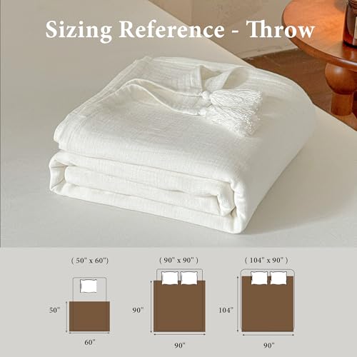 Simple&Opulence Linen Cotton Throw Blanket with Tassels, Double-Layer Flax Blend Blanket for Couch Sofa Bed, Soft Lightweight Breathable Boho Farmhouse Oversized Throw for All-Season (104"X90",White) - color: White, size: 104''x90''