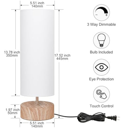 Touch Table Lamp with Wood Grain Metal Base, 3 Way Dimmable Bedside Lamp - color: White Shade with Wood Grain Base
