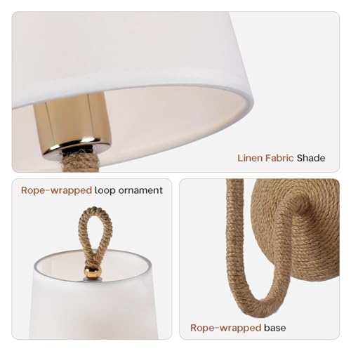 Natural Rattan Wall Sconce Set of 2: Boho Coastal Rope Woven Lamps with Linen Fabric Shades for Living Room, Bedroom, Bedside, Vanity and Hallway - color: Hardwired
