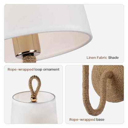 Natural Rattan Wall Sconce Set of 2: Boho Coastal Rope Woven Lamps with Linen Fabric Shades for Living Room, Bedroom, Bedside, Vanity and Hallway - color: Hardwired