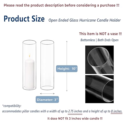 CYS EXCEL 6 PCS (H:10" D:3") Open Ended Glass Hurricane Candleholder Tube Shade Bottomless Candle Chimney Cover - size: 3" wide x 10" tall