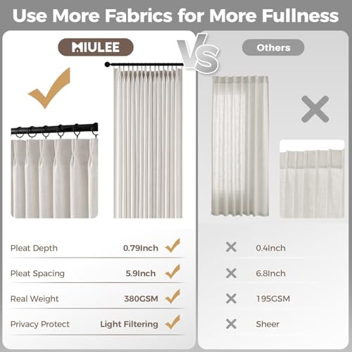 MIULEE 4 Panels Set Pinch Pleated Linen Curtains 96 Inch Long Natural - color: Natural, size: 40"W x 96"L (Pack of 4)