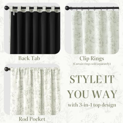 jinchan Green Blackout Curtains 84 Inch Woodland Back Tab 2 Panels - color: Sage Green on Beige, size: 50"W x 84"L (Pack of 2)