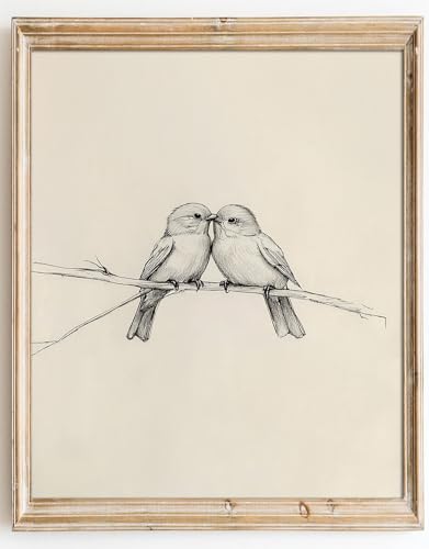 Kizbok Neutral Bird Wall Art Prints, Vintage Birds in Love on a Branch Canvas Painting Prints for Wall Decor, Bedroom Wall Decor Bird Sketch Drawing Art Pictures for Farmhouse Decor, Rustic Vintage Artwork Poster for Bathroom Gallery Home Decor(8" x 10"-U
