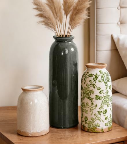 Vintage Ceramic Vase Set of 3, Flower Small Chinoiserie Vase Rustic Modern Farmhouse Centerpiece Decorative Pottery Vases for Table Mantel Entryway Bookshelf Living Room Kitchen Home Decor - color: Vintage- Green