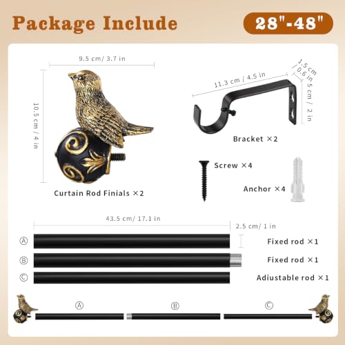 Curtain Rods for Windows 28-48 Inch, Gold Curtain Rod with Bird Finials - size: 28-48