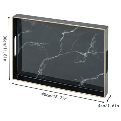 Serving Tray with Handles, Large Black Marble Plastic Tray, 15.7 x 11.8 x 1.6 Inch Rectangular Decor Coffee Table Tray with Storage for Bedroom, Living Room, Dining Room, Party & Patio Pool
