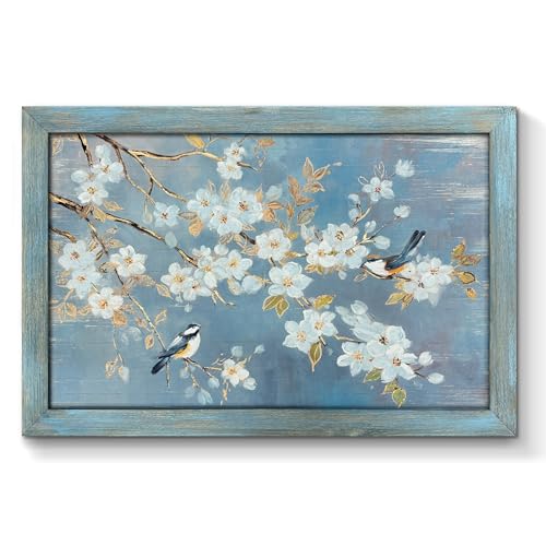 TAR TAR STUDIO Gilded Birds on White Blossom Branches Wall Art, 36" Lx24 W - color: Birds on White Blossom, size: 36"L x 24"W