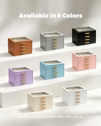 Homeanda Jewelry Boxes Organizer with Glass Lid, 4-Layer PU Leather, White - color: White, size: 4 Layer
