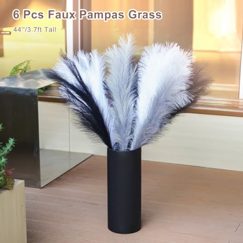 Pampas Grass Decor Tall 6 Pcs 44''/3.7ft Fluffy Large Pompas Grass for Floor Vase Fillers Wedding Living Room Boho Decor Table Centerpiece(Black White Gray)