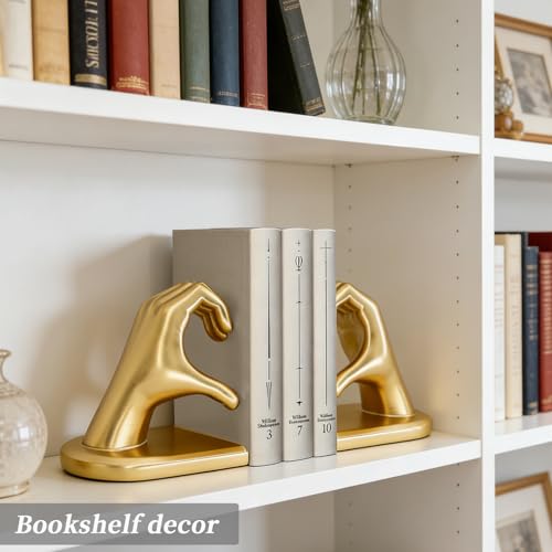 Book Ends for Shelves, Gold Heart Hands Decorative Bookends Book Holder for Bookshelf Decor, Unique Book Holders Heavy Duty Book Stopper Book Shelf Sculpture Aesthetic Decor for Rooms Office Home