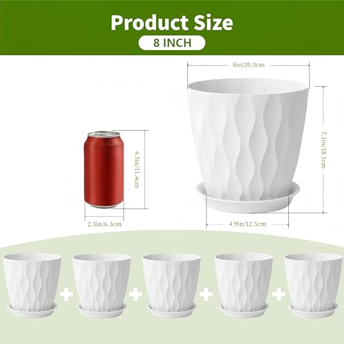 8 Inch Plant Pots Plastic Planters with Drainage Holes & Saucer, 6 Pack - color: White 8 Inch